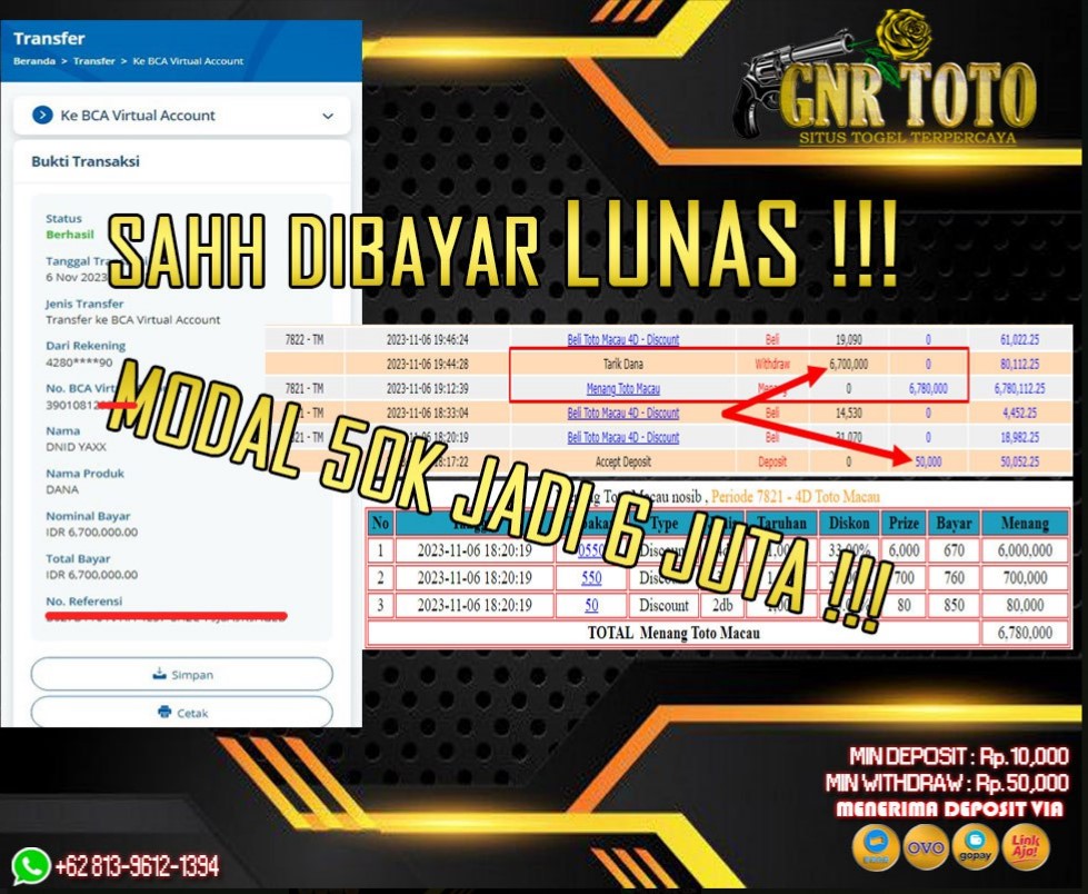 Selamat kepada member GNRTOTO yang hari ini telah mendapatkan Jackpot dari permainan Togel pada pasaran TOTO MACAU !!!Dimana lagi bisa mendapatkan 6 Juta hanya dengan modal 50 ribu saja !!! SALAM JP !!!