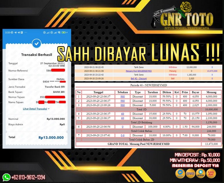 Selamat kepada member GNRTOTO yang hari ini telah mendapatkan Jackpot dari permainan Togel pada pasaran New Jersey Mid tadi malam !!!