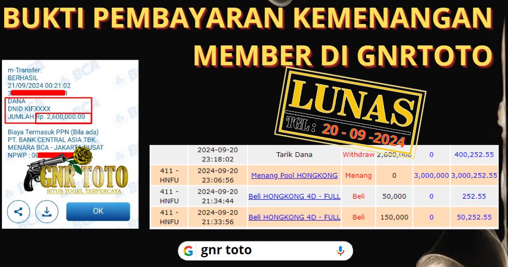 BUKTI KEMENANGAN MEMBER GNRTOTO TOGEL ( 7 3 8 8 ) Pada Permainan HONGKONG!!!